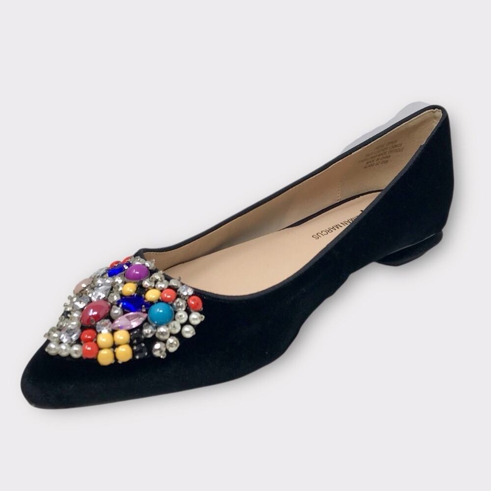 Neiman Marcus NWT Black Velvet Beaded Embellished Flats Multi-Color Sz 8.5M